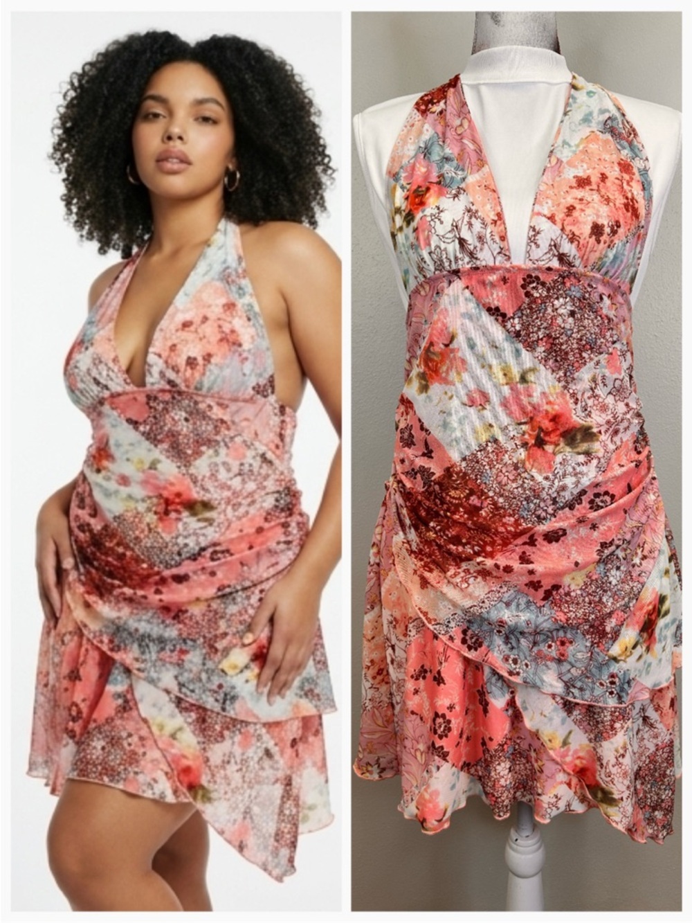 Y2K Floral Patchwork Pink Halter Sundress Backless Party Summer Stretch Coquette - Picture 1 of 14